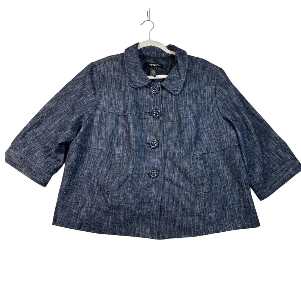 Lane Bryant Women's Denim Blue Button Front 3/4 Sleeve Jacket Size 22 Blazer - Picture 1 of 6